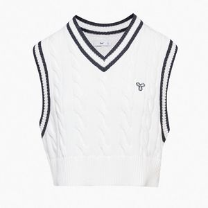 NWT Aritzia Tna Marcy Sweater Vest Cable Knit White Black Medium Cotton V Neck